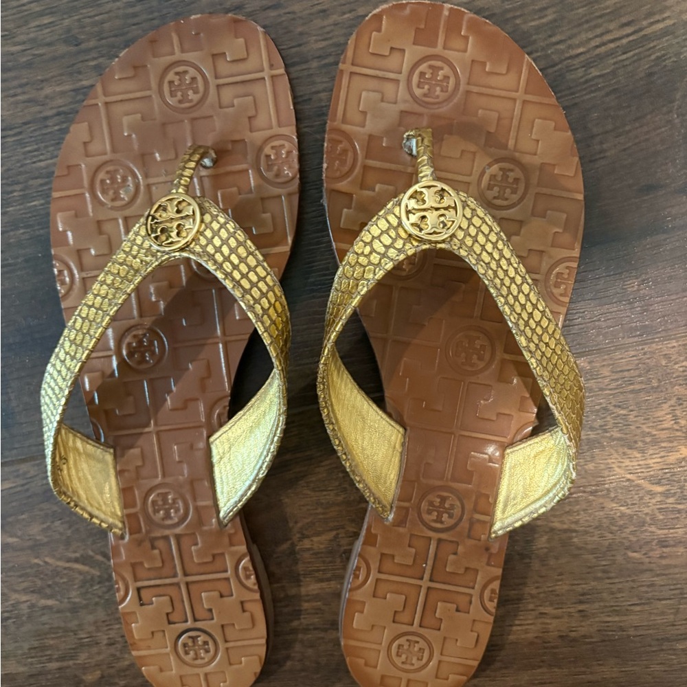 Tory Burch Gold Metallic Logo Thong Sandals with Brown Footbed